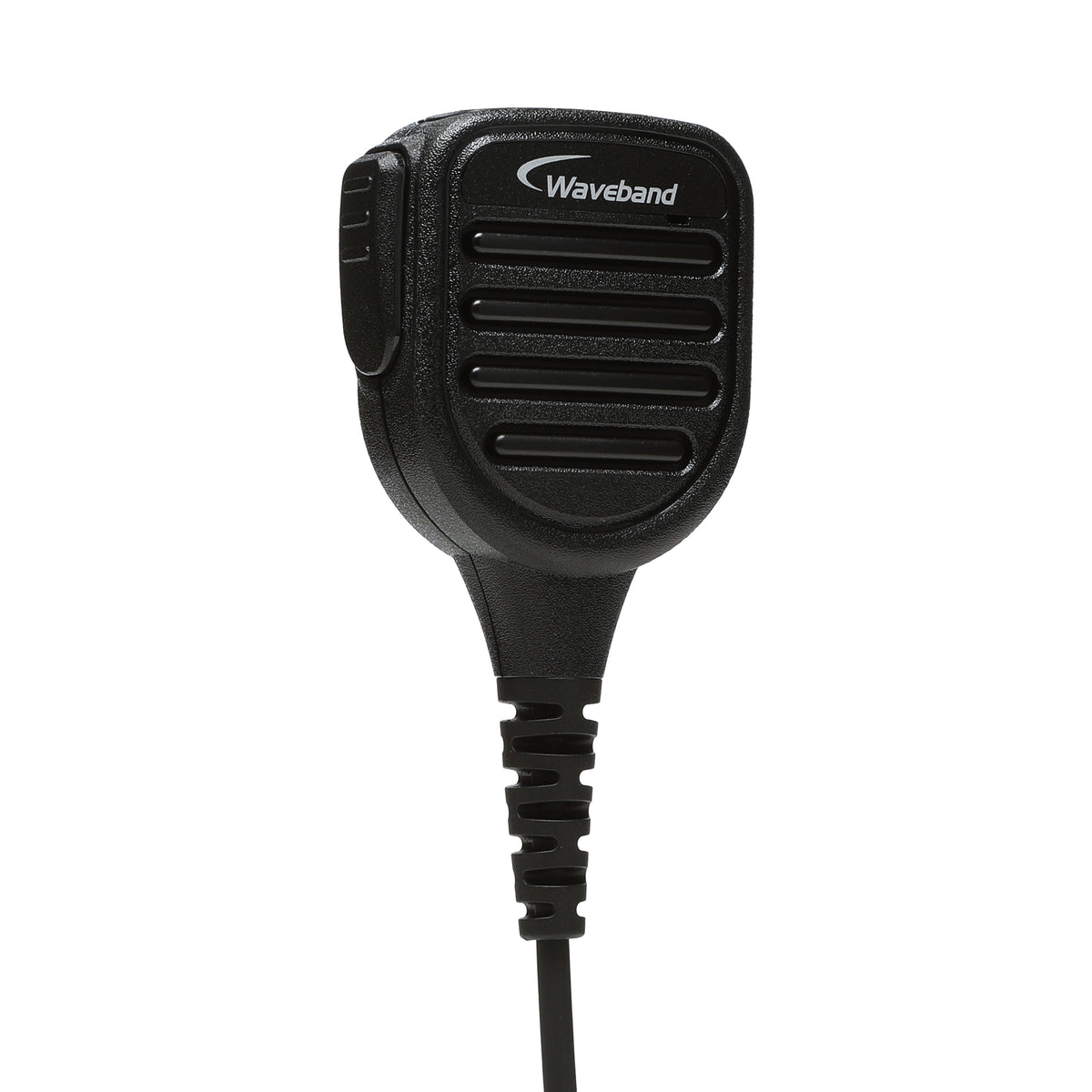 Waveband APX NEXT speaker microphone showing the front speaker grille and side push-to-talk control
