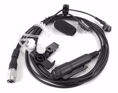 Three wire surveillance kit with Kevlar reinforced cable, premium Knowles microphone, Quick Disconnect clear acoustic and conical pins for P7300, P5500, P5400,P5300, and XG-75 Portables. WB# WV-15040-E4-3wire - Waveband Communications